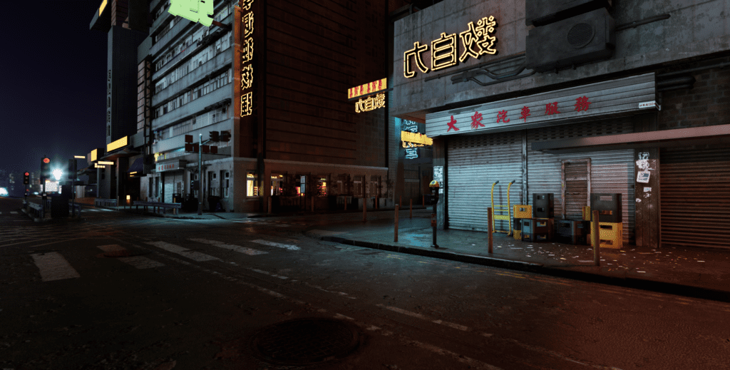 Real-time 3D urban street environment with cinematic lighting and VFX