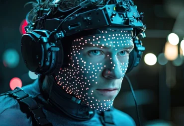 Performer in a mocap helmet with facial tracking markers in a studio
