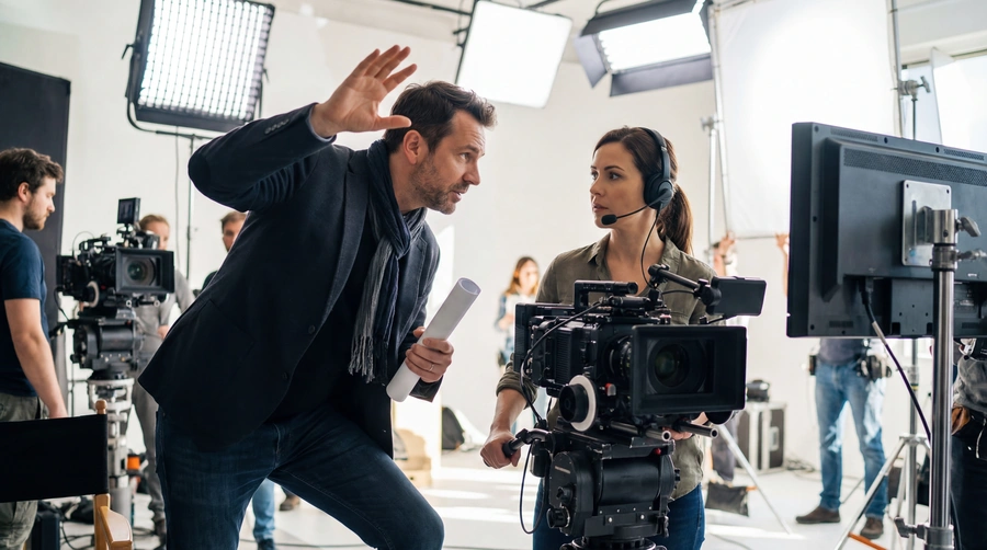 Film director speaking to a camera operator on a studio set