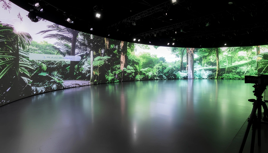 Virtual production studio with a curved LED wall displaying a tropical jungle scene