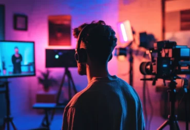 Content creator wearing headphones in a video studio with cameras and monitors