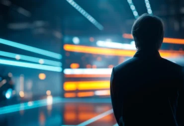 Person standing in front of a neon-lit LED display in a modern interior