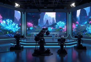 Virtual production studio with cameras and large LED walls displaying a colourful fantasy landscape